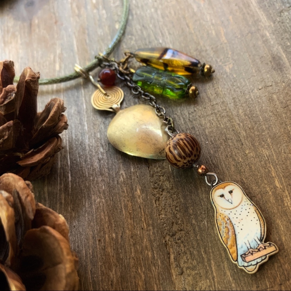 Owl Gold Green Bead Pendant Necklace